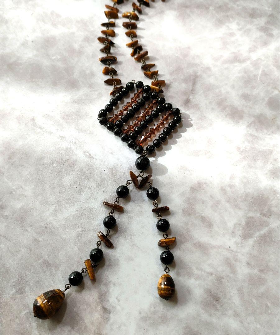 美品☆ストーンネックレス 天然石 大きめ飾り シック 黒 ブラウン ハンドメイド