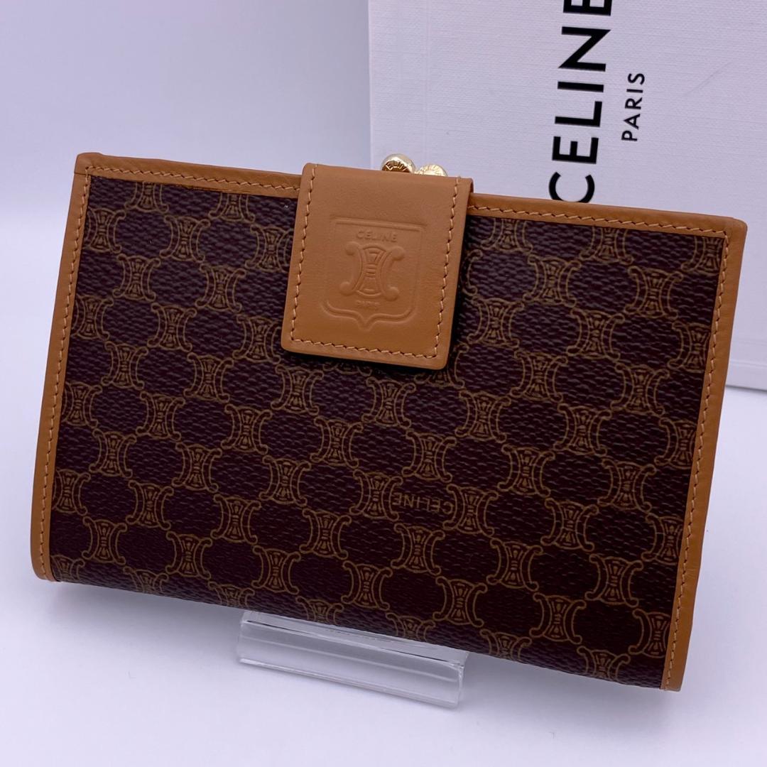 CELINE セリーヌ 二つ折り財布 マカダム 美品 ロゴ ブラウン コンパクト マカダム柄がま口二つ折り財布 ブラック×キャメル ヴィンテージ