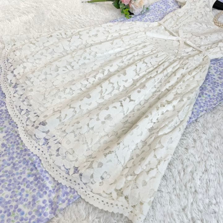 エムズグレイシー 総レース フレアワンピース リボン カットワーク 白