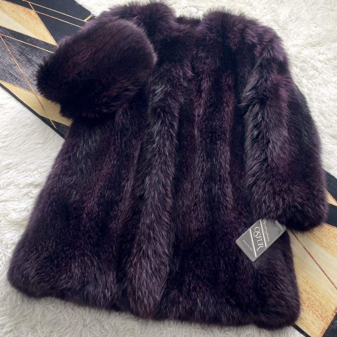 肉厚 着丈90 紫 フォックス ファーコート 毛皮 XLXL(LL)