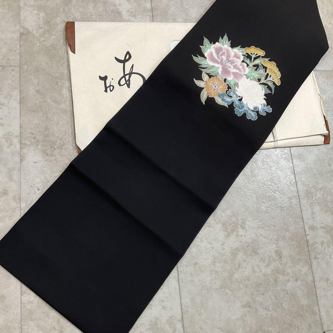 厳選○塩瀬○友禅染が美しい九寸名古屋帯○黒地○九寸名古屋帯○380