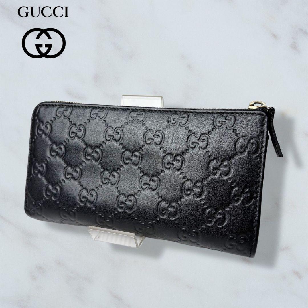 08 GUCCI 長財布 ラウンドファスナー GG柄 黒 シマ