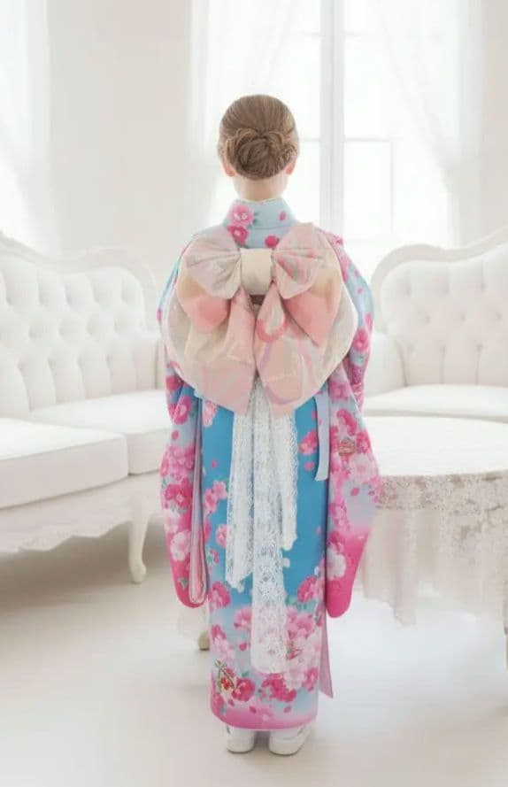 正絹 ブルーピンクの着物にキラキラ作り帯セットやや傷や汚れあり