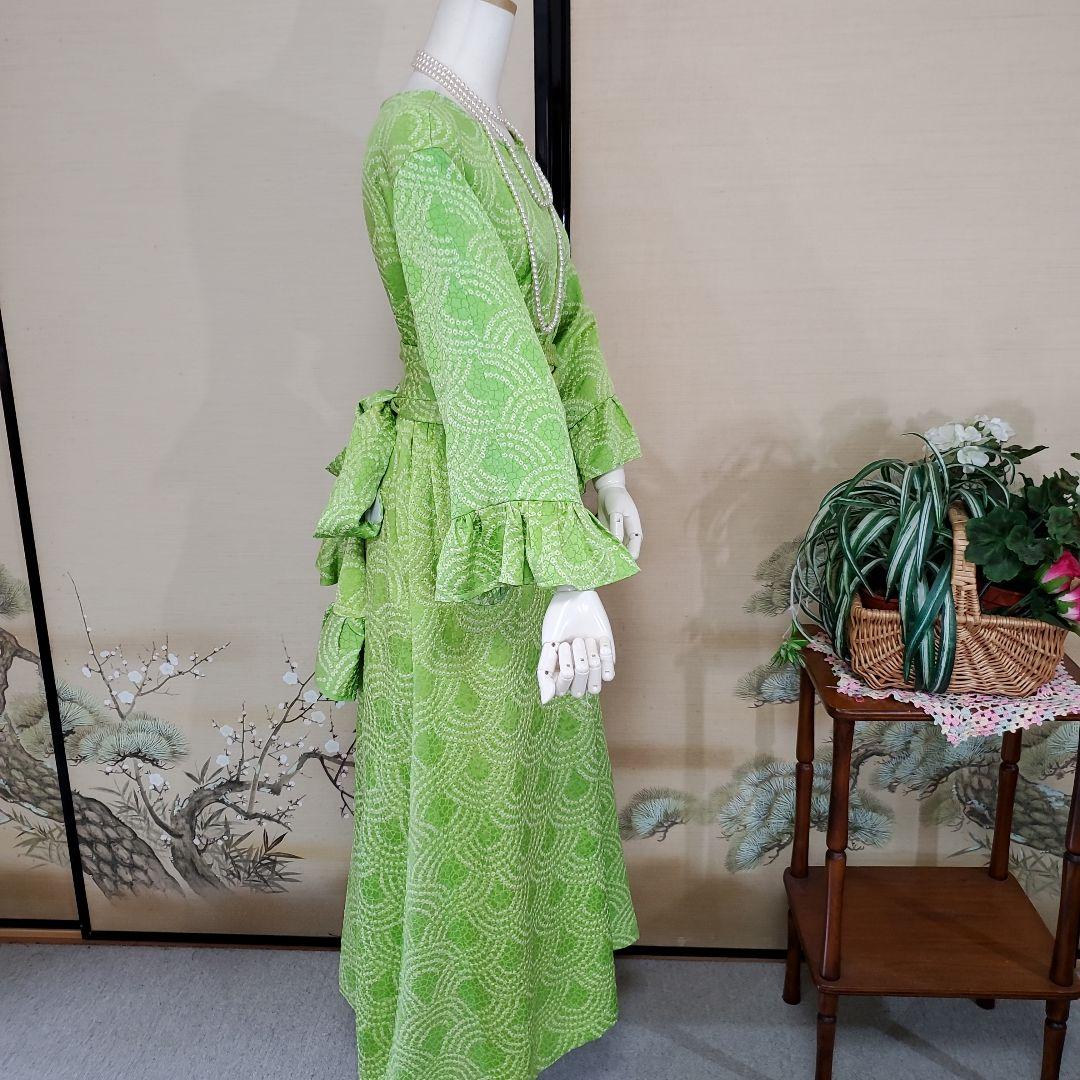 C823.着物リメイク、総絞り、ロングワンピース、リボン付き