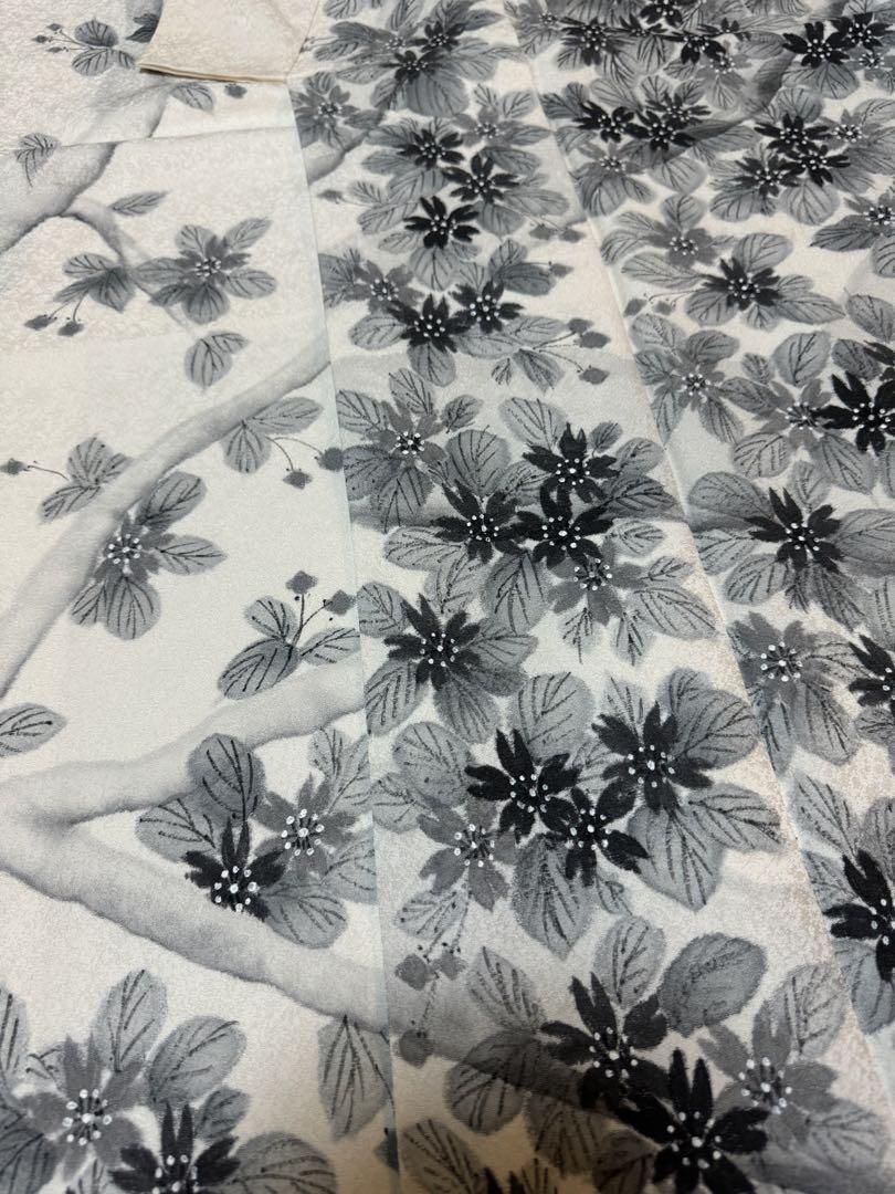 【極美品】京友禅作家「橋本恵氏作」印象派友禅「桜花文様」白地 水墨画友禅