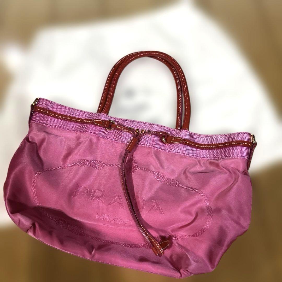 【PRADA】テスートナイロンバッグレザー エナメル 白タグ ピンク