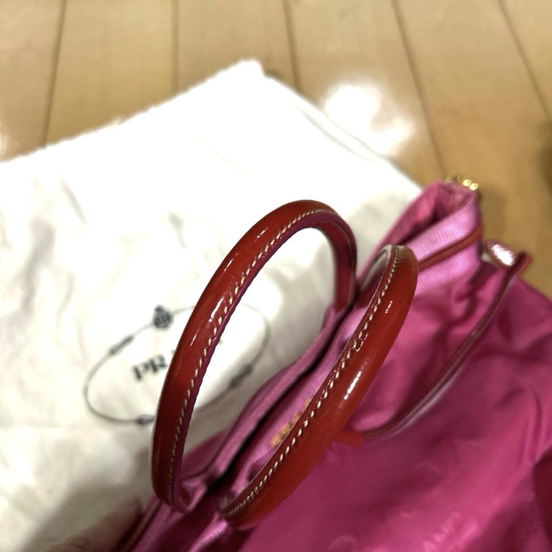 【PRADA】テスートナイロンバッグレザー エナメル 白タグ ピンク