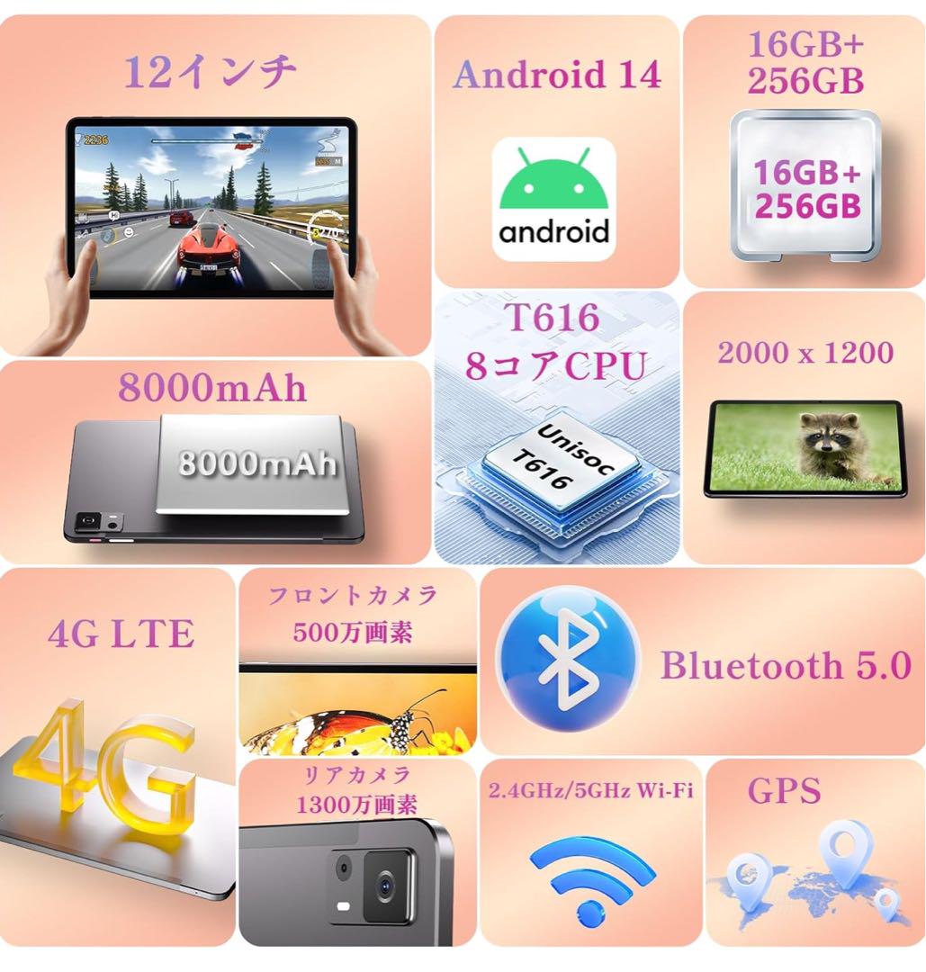 タブレット 12インチ Android 14 16GB+256GB