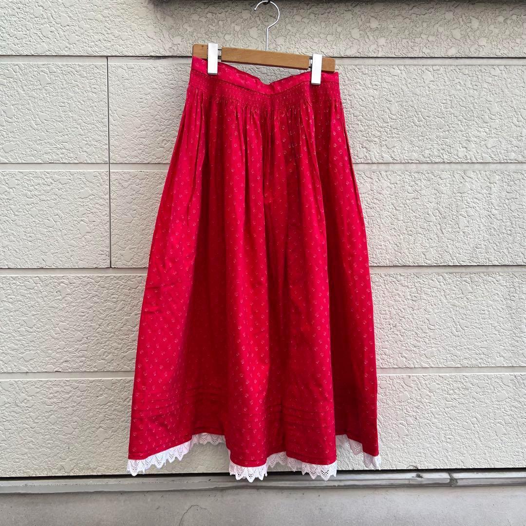 USED ユーロ古着 小花柄 ロングスカート 赤 レースデザイン vintageスカート