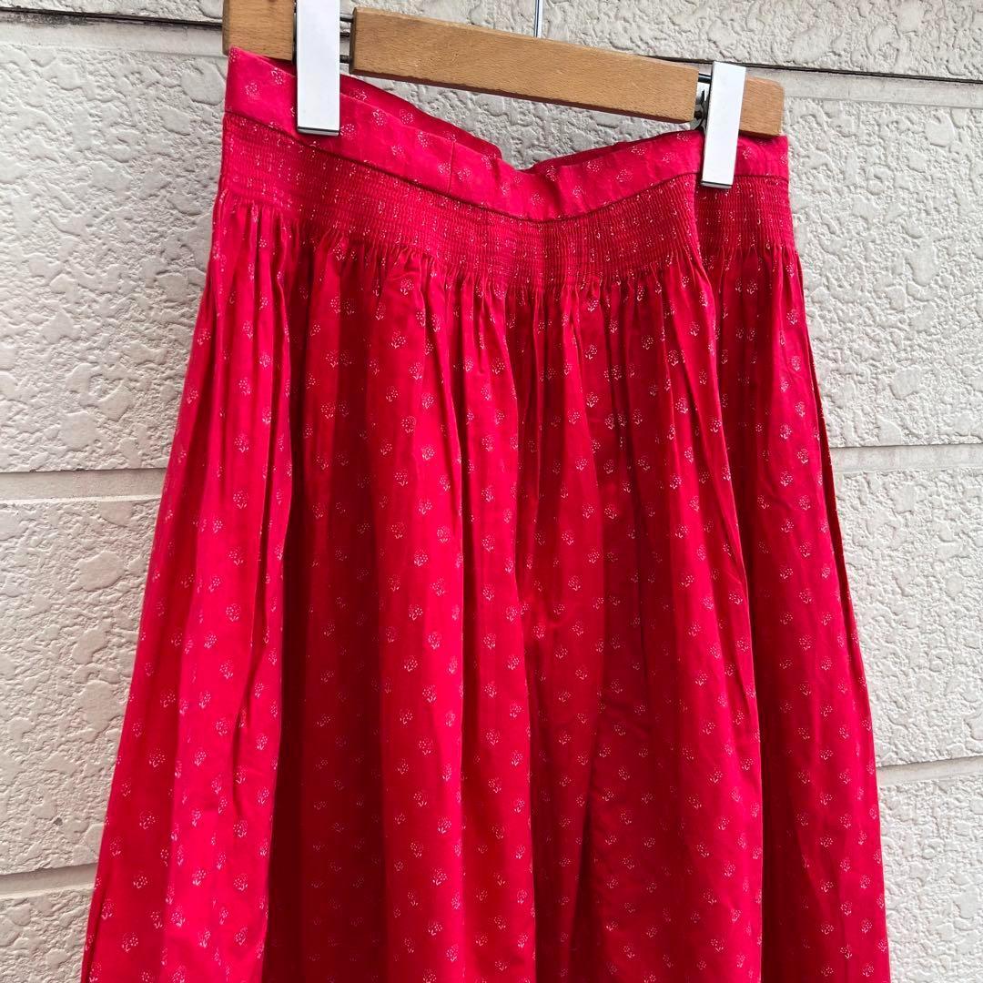 USED ユーロ古着 小花柄 ロングスカート 赤 レースデザイン vintage