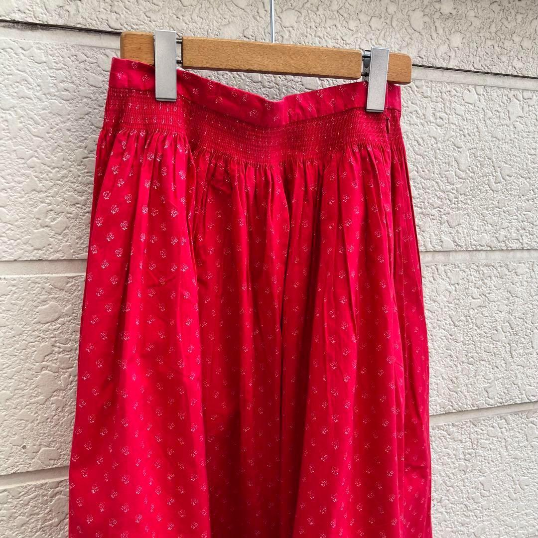USED ユーロ古着 小花柄 ロングスカート 赤 レースデザイン vintage