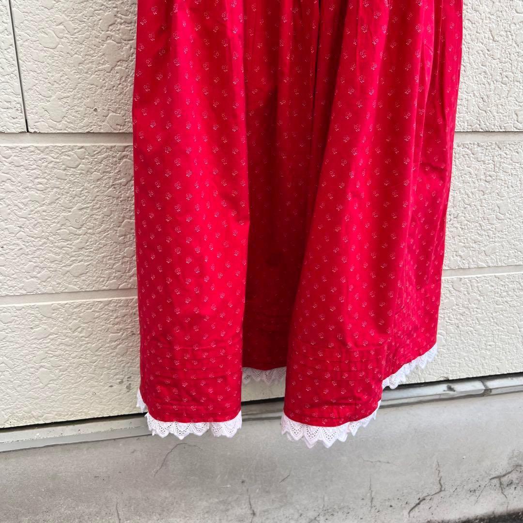 USED ユーロ古着 小花柄 ロングスカート 赤 レースデザイン vintage
