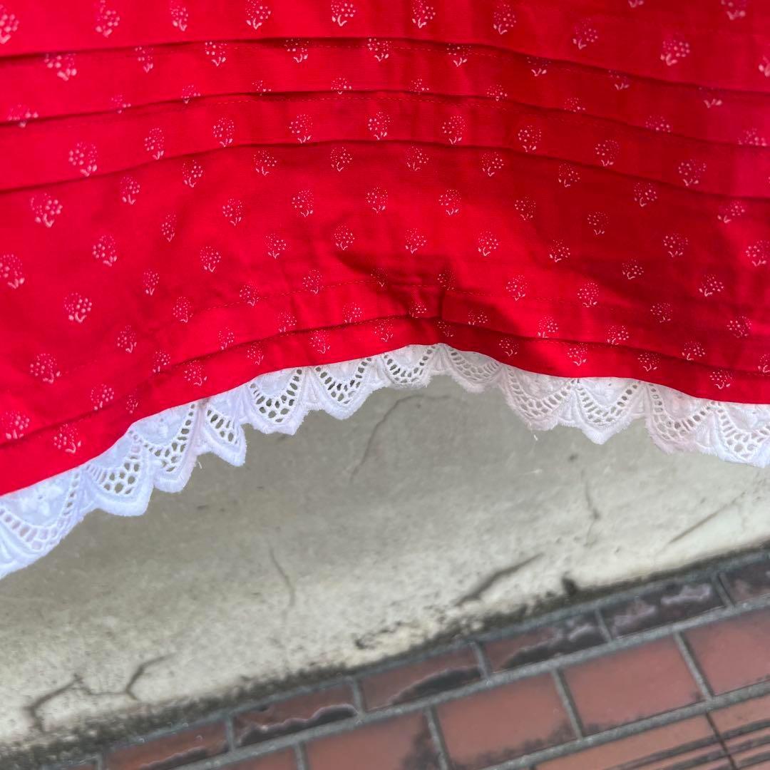 USED ユーロ古着 小花柄 ロングスカート 赤 レースデザイン vintage