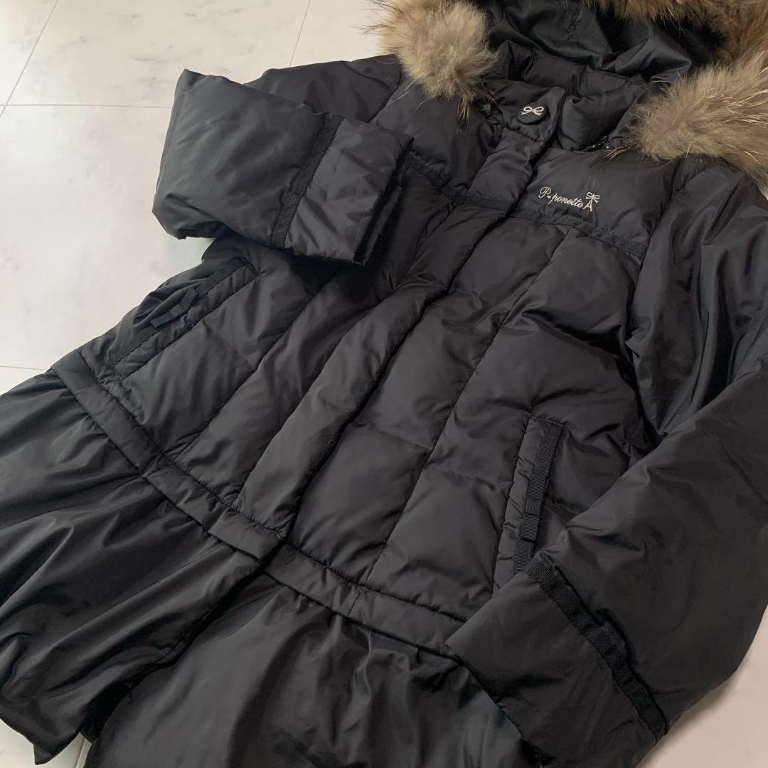 3pomponette juniorダウン フードコート 黒 130美品ポンポ 3pomponette juniorダウン フードコート 黒 130美品ポンポ