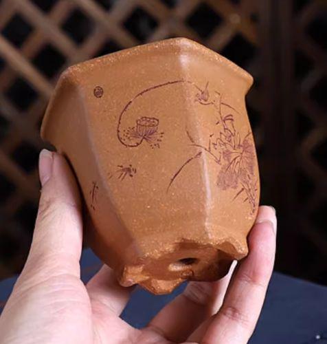 小六方鉢 手刻絵多肉鉢 紫砂の鉢 盆栽鉢 植木鉢 小品盆栽鉢 大品盆栽鉢