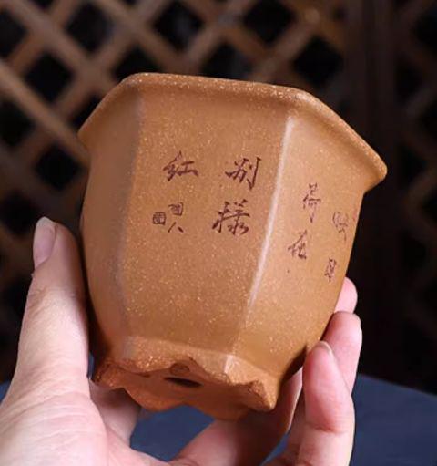 小六方鉢 手刻絵多肉鉢 紫砂の鉢 盆栽鉢 植木鉢 小品盆栽鉢 大品盆栽鉢