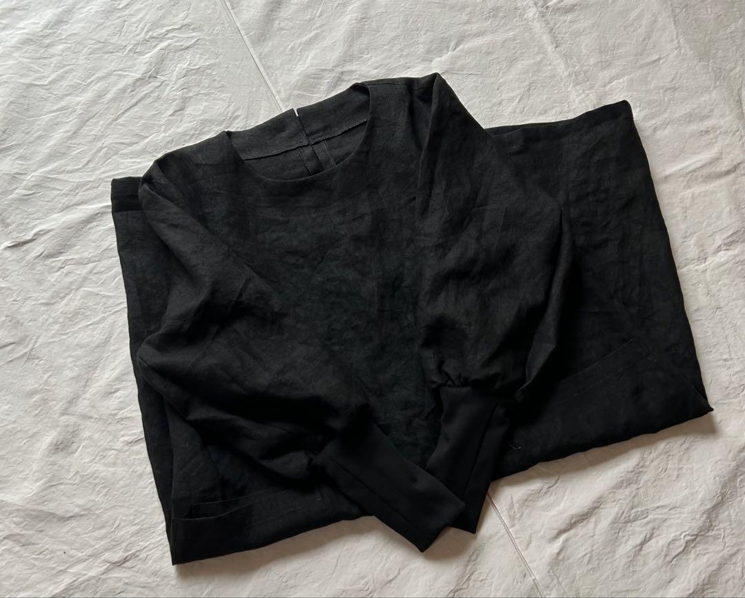 【すいかページ】linen＊墨黒＊かっぽう着ワンピース