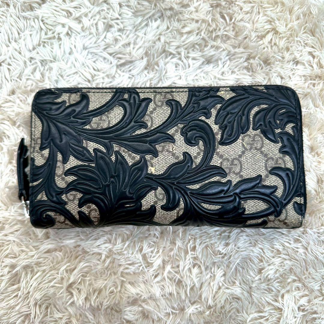 【美品】グッチ 長財布 ラウンドファスナー ベージュ ブラック アラベスク