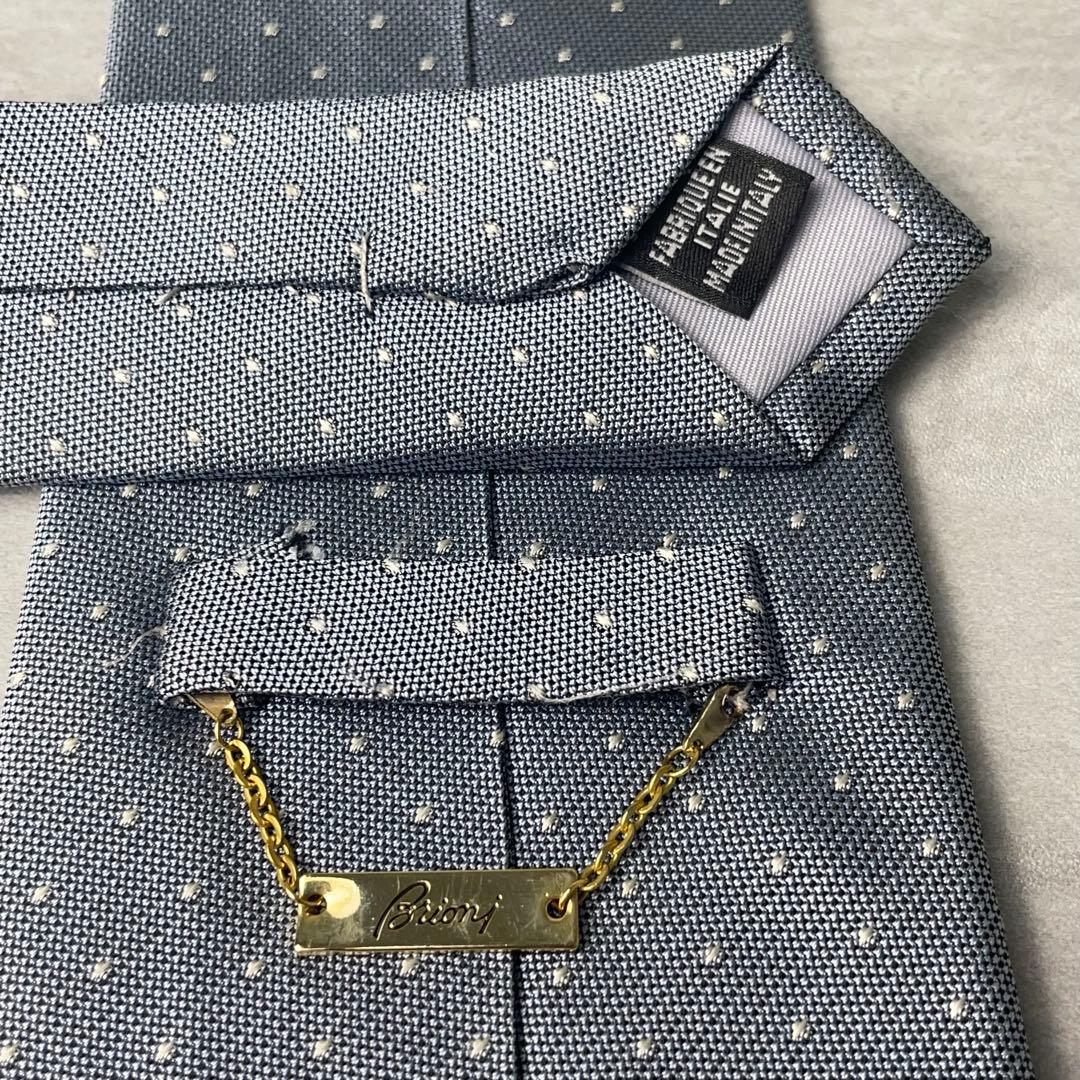 美品 Brioni ジャガード ピンドット柄 ネクタイ ブルーシルバー