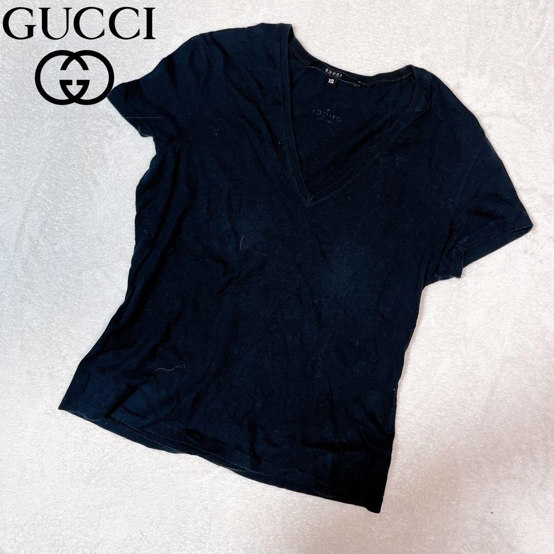 グッチ GUCCI◇半袖Tシャツ Vネック ロゴ入り カットソー ブラック XS