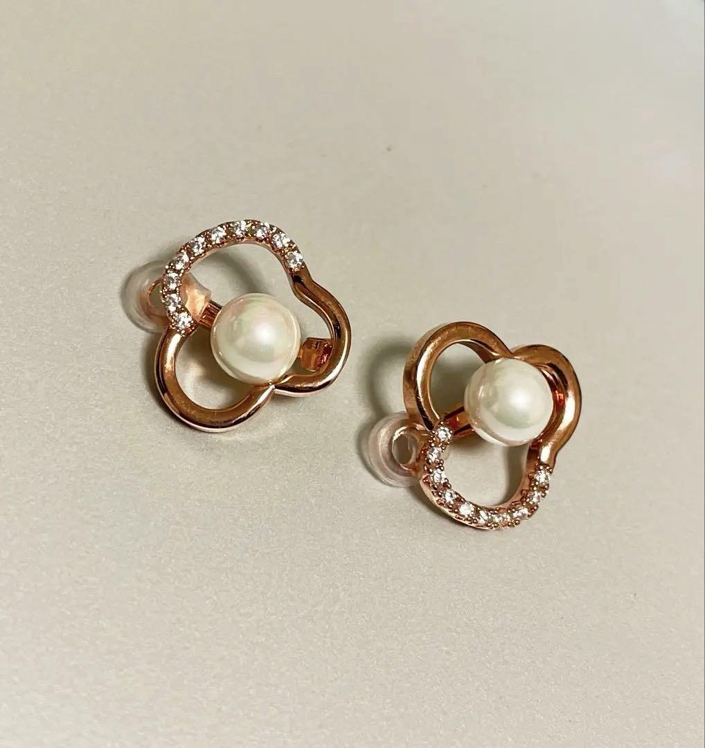 18K ピンクゴールド ジルコニア 花 フラワー モチーフ パール イヤリング