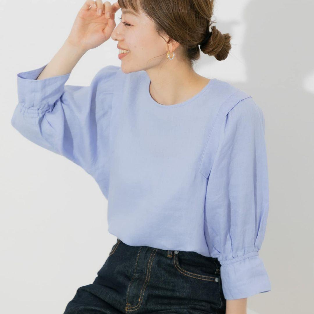 極美品✨　青❤️　麻　サニーレーベル　リネンギャザータックスリーブブラウス