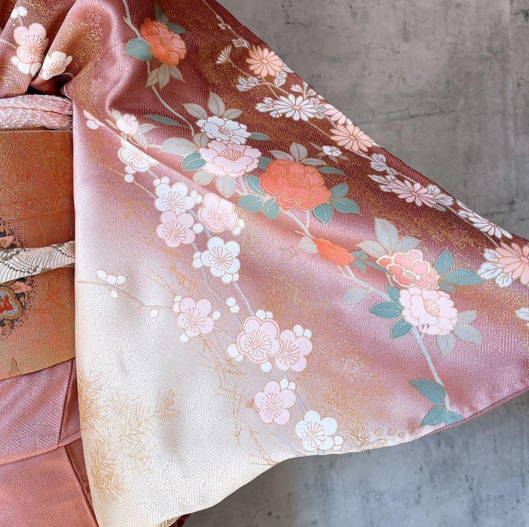 着物 訪問着 フルセット 正絹 花 グラデーション 金彩 赤ピンク F0r 着物 訪問着 フルセット 正絹 花 グラデーション 金彩 赤ピンク F0r