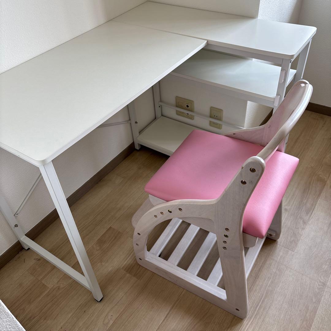 ホワイト L字型デスク 収納棚付き