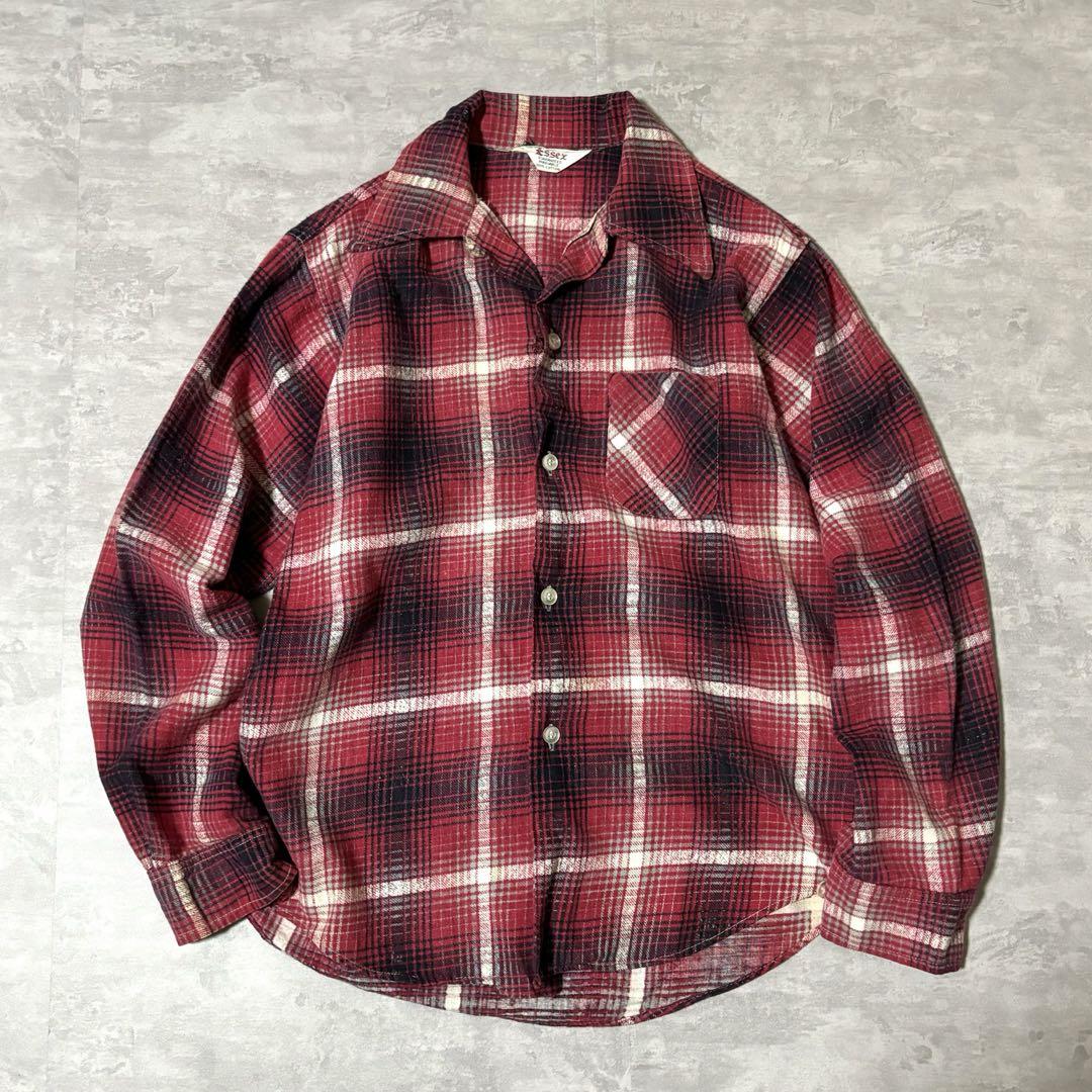 ★60s USA製 ESSEX プリントネル 開襟 シャツ オンブレチェック