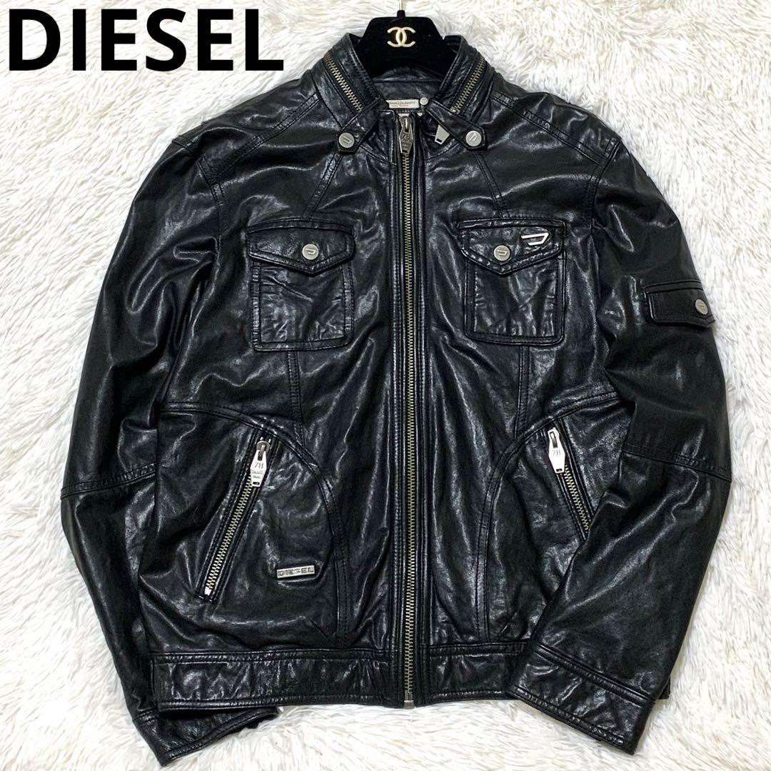 【美品】DIESEL 極上デザイン 本革 ライダース ロゴプレート デカジップ