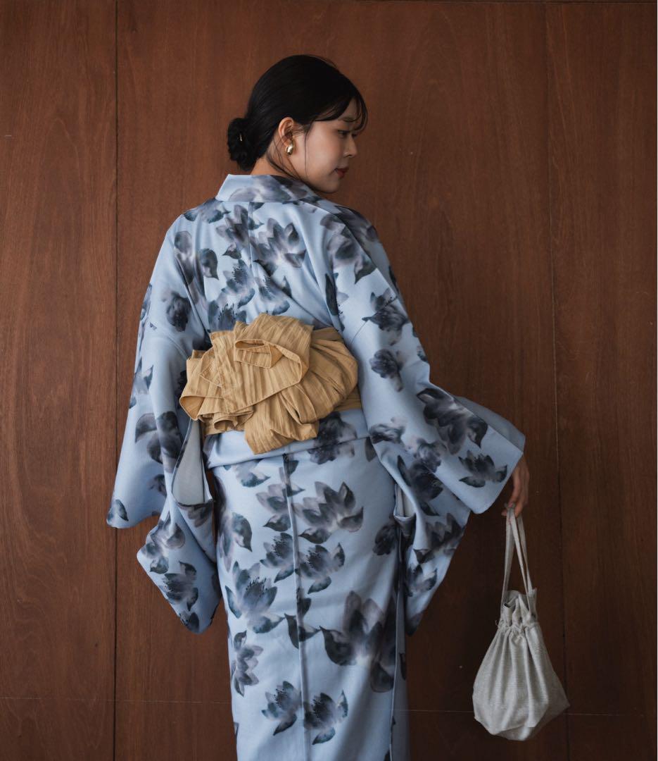青色花柄浴衣・帯・巾着セット