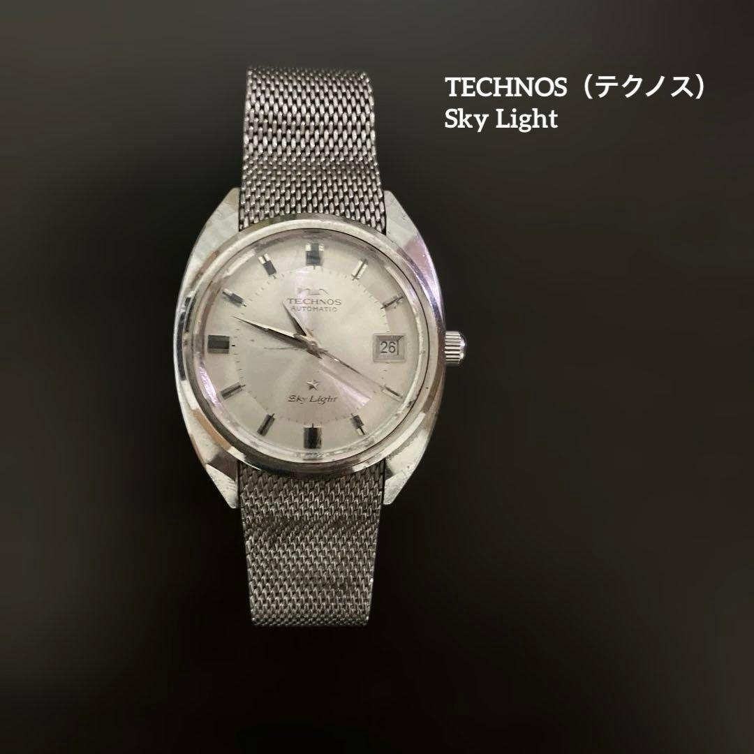テクノス スカイライト　自動巻き腕時計 シルバー　メッシュブレス　メンズ　稼働品