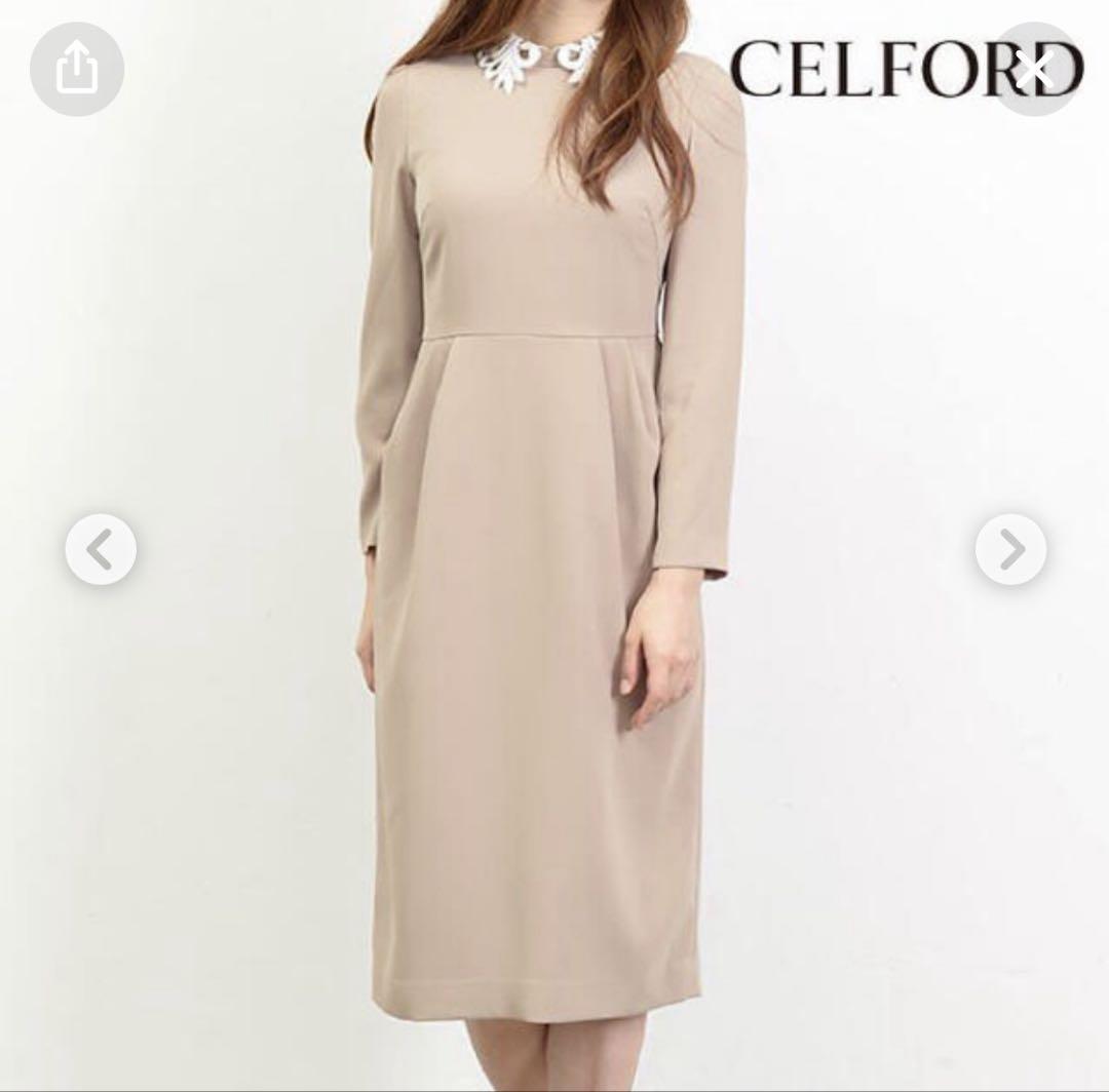 【美品】CELFORD 34レース襟タックタイトワンピース ベージュ