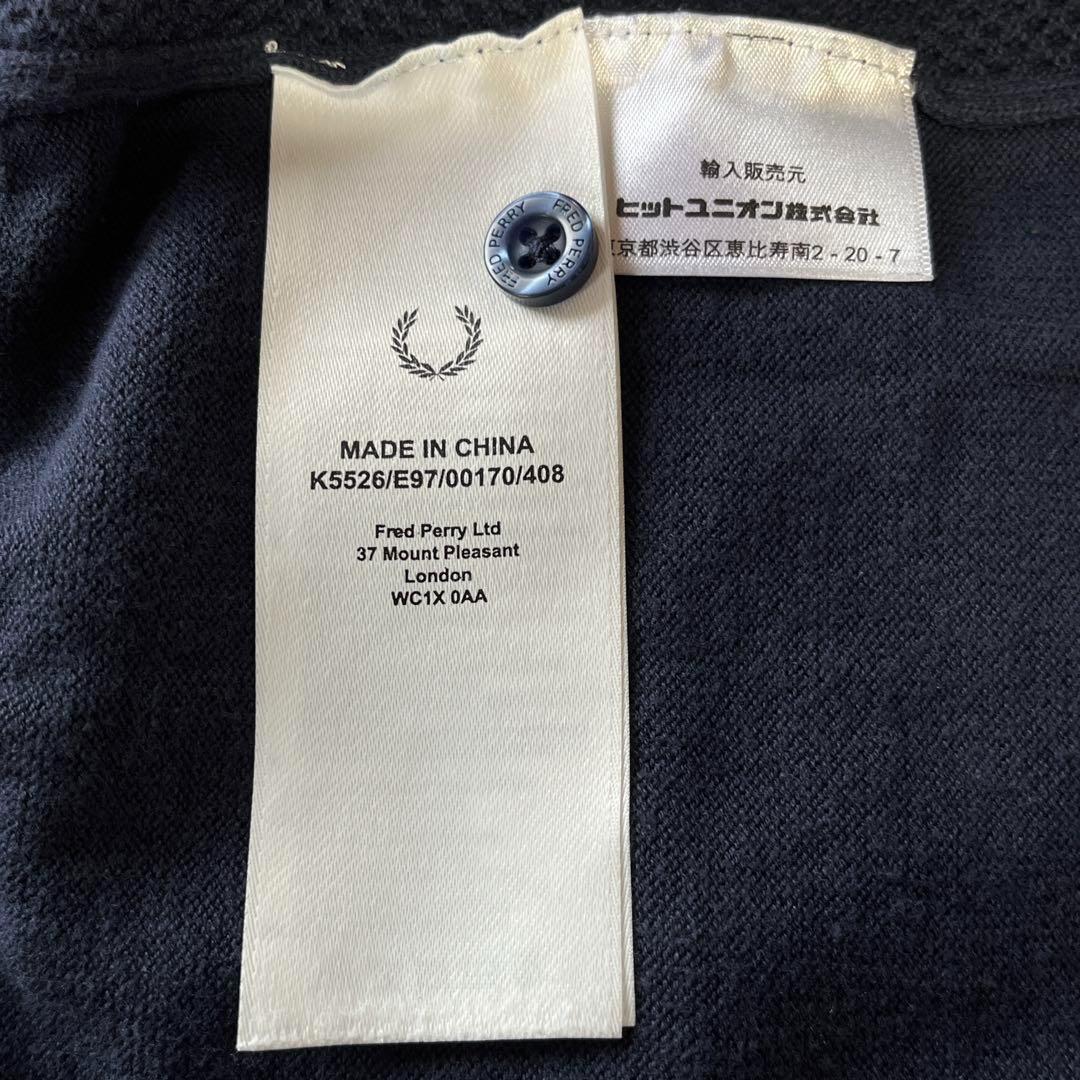 フレッドペリー 半袖ニットポロ メッシュ 刺繍 紺 襟袖ライン入り サイズL