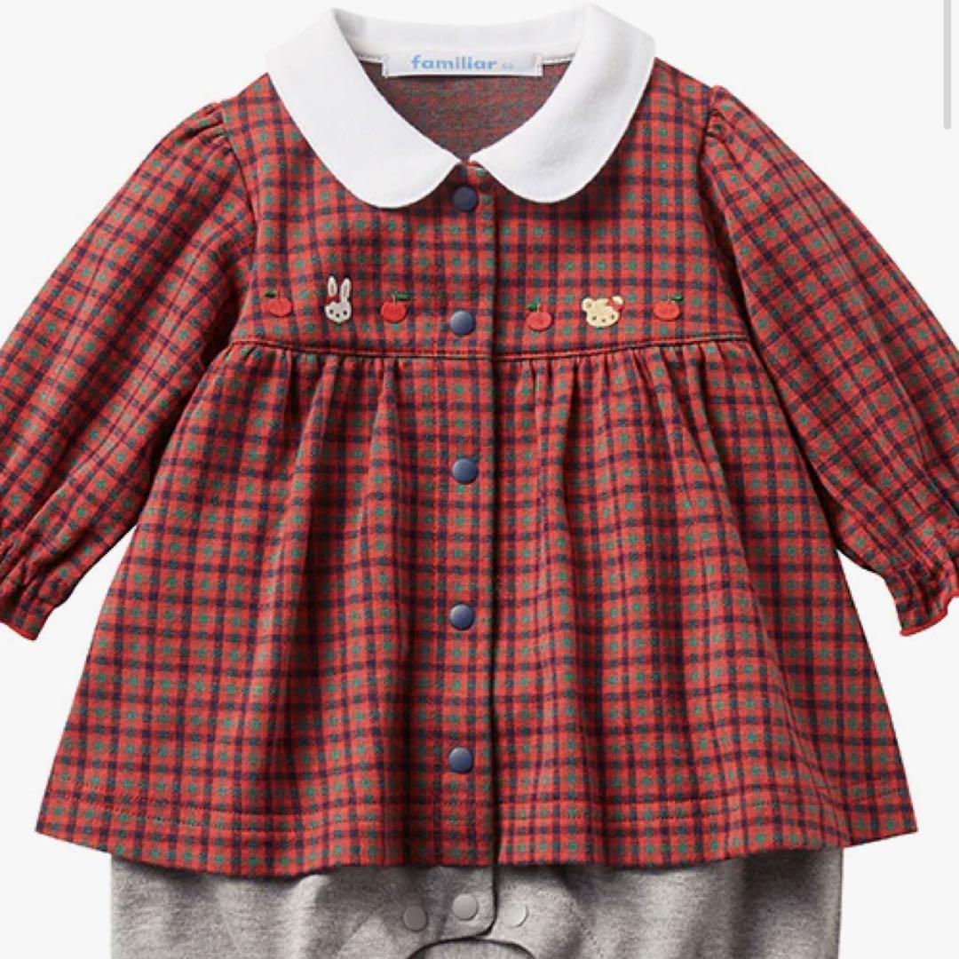美品】familiar 赤 チェック柄70cmロンパース()
