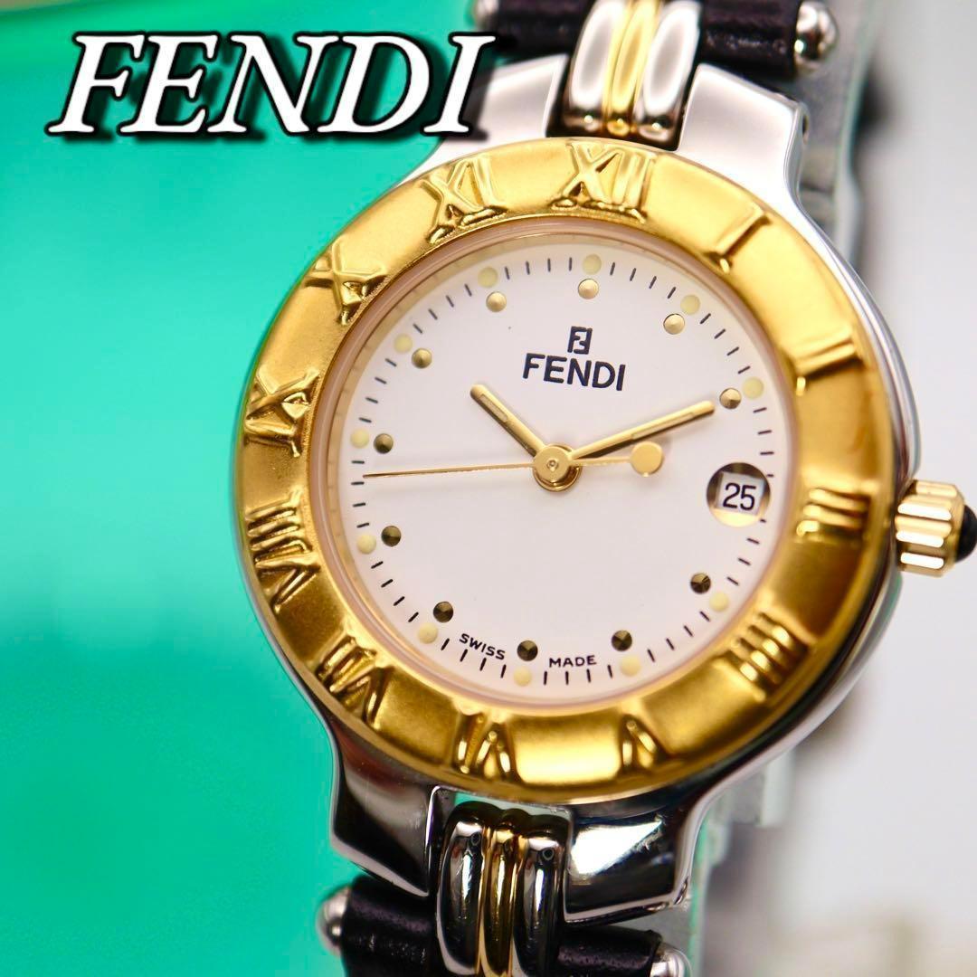極美品 FENDI ラウンド デイト ローマンベゼル レディース腕時計 886