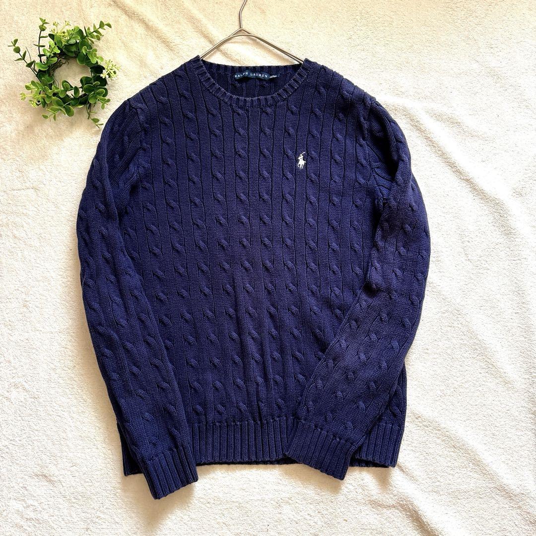 美品⭐️ラルフローレン　ケーブル編み　コットンニット 白　ポニー刺繍　M 現行⭐️ラルフローレン M コットン 白ポニー刺繍 ケーブル