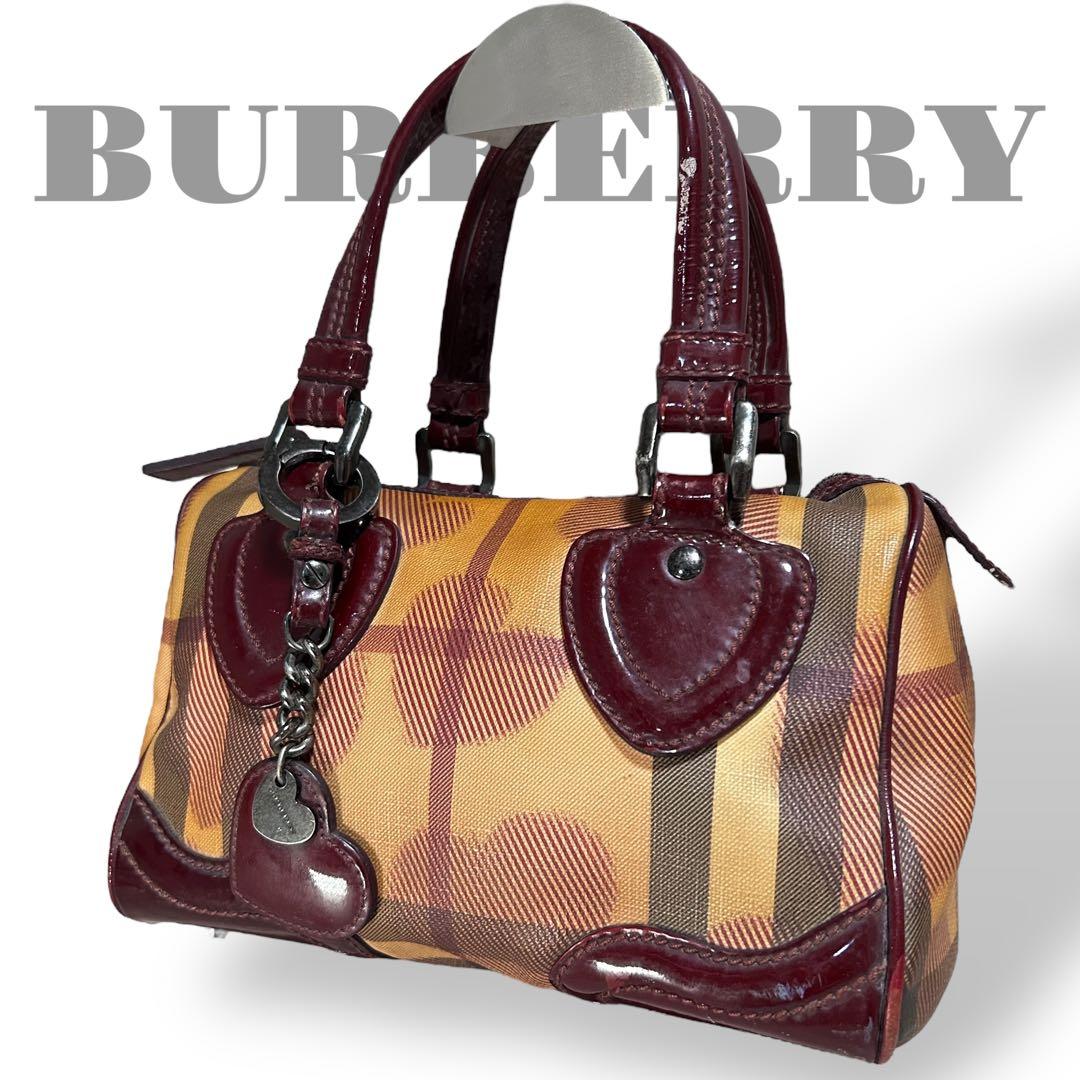 良品　バーバリー　ハンドバッグ　ミニボストン　ハウスチェック柄　ハート柄　茶色