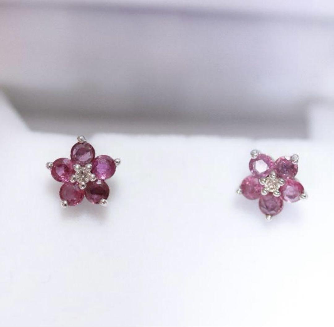 K18WG ルビー ダイヤモンド お花 ピアス