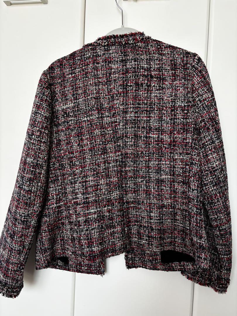 【美品】ノーカラー黒と赤ツイードジャケット