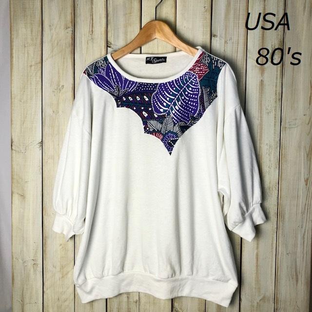 USA古着 80s 切り替え ワイドカットソー L～XL オールド 5分袖