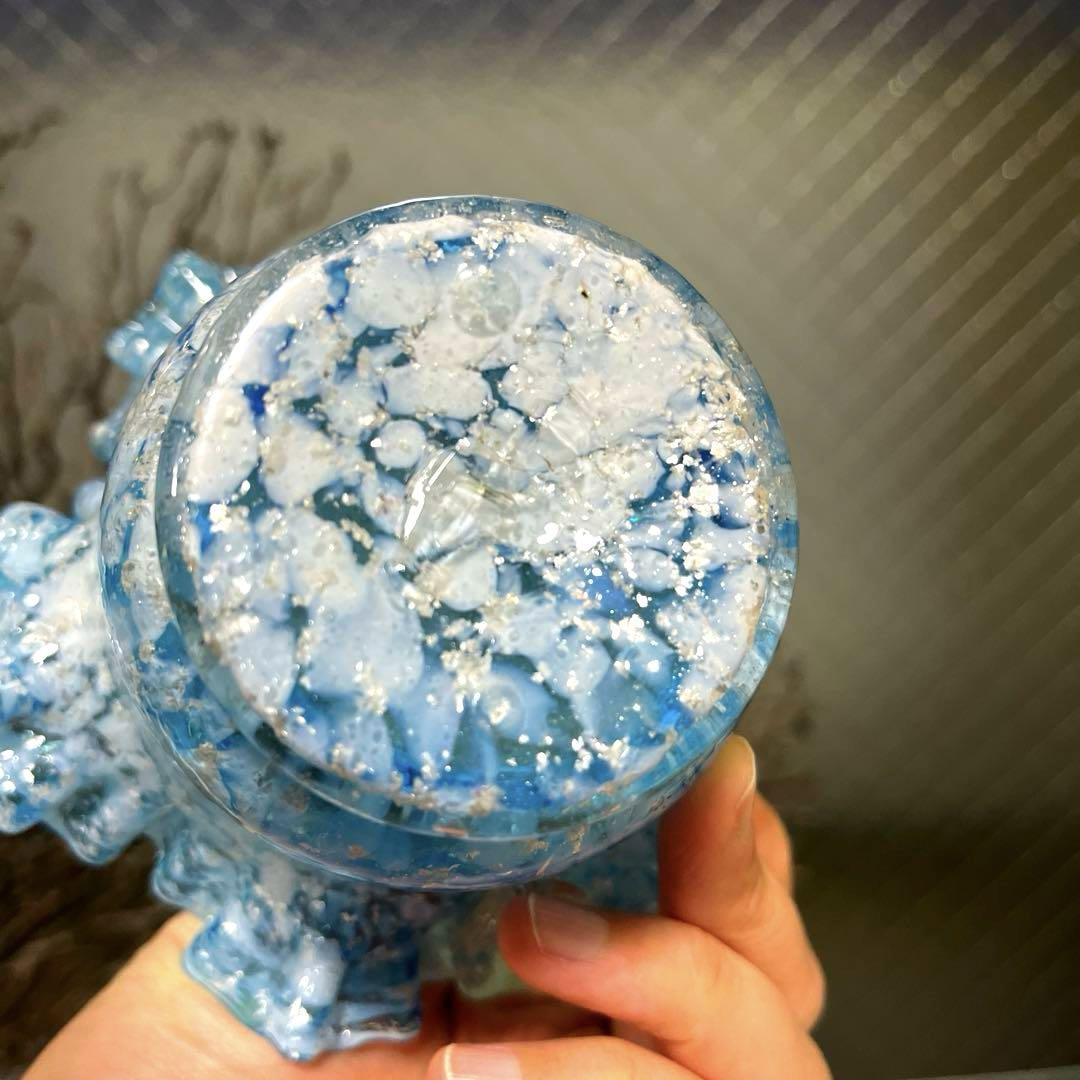 骨董　時代ガラス　銀粉爆変　水色吹雪紋　取手付き　フリル　菓子器　花器　ウラン
