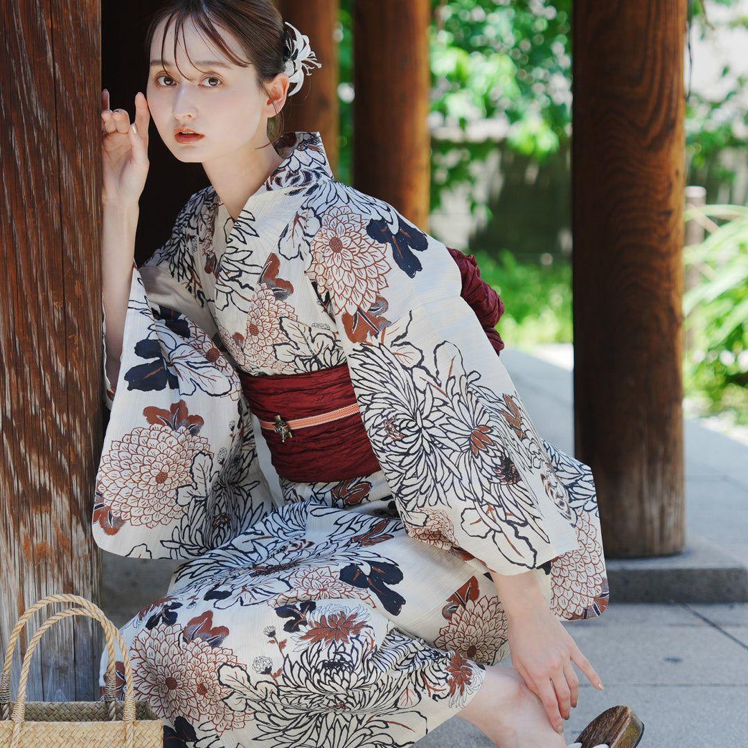 ブラウンの菊づくし utatane フリーサイズ 浴衣 帯 2点 セット