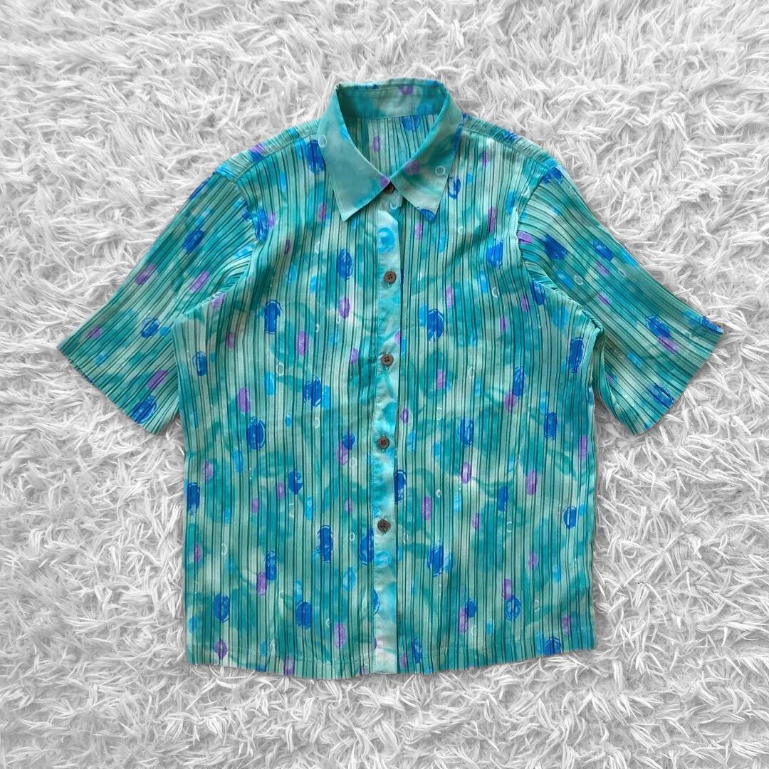 Vintage グラデーション プリーツ シャツ ブラウス M グリーン ドット