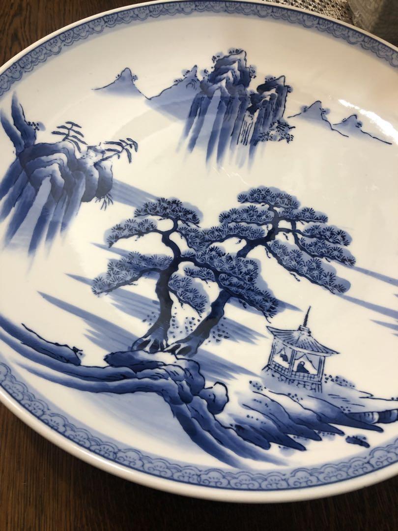 有田焼　峯山作　染付山水紋　飾り絵皿　大皿　径46cm