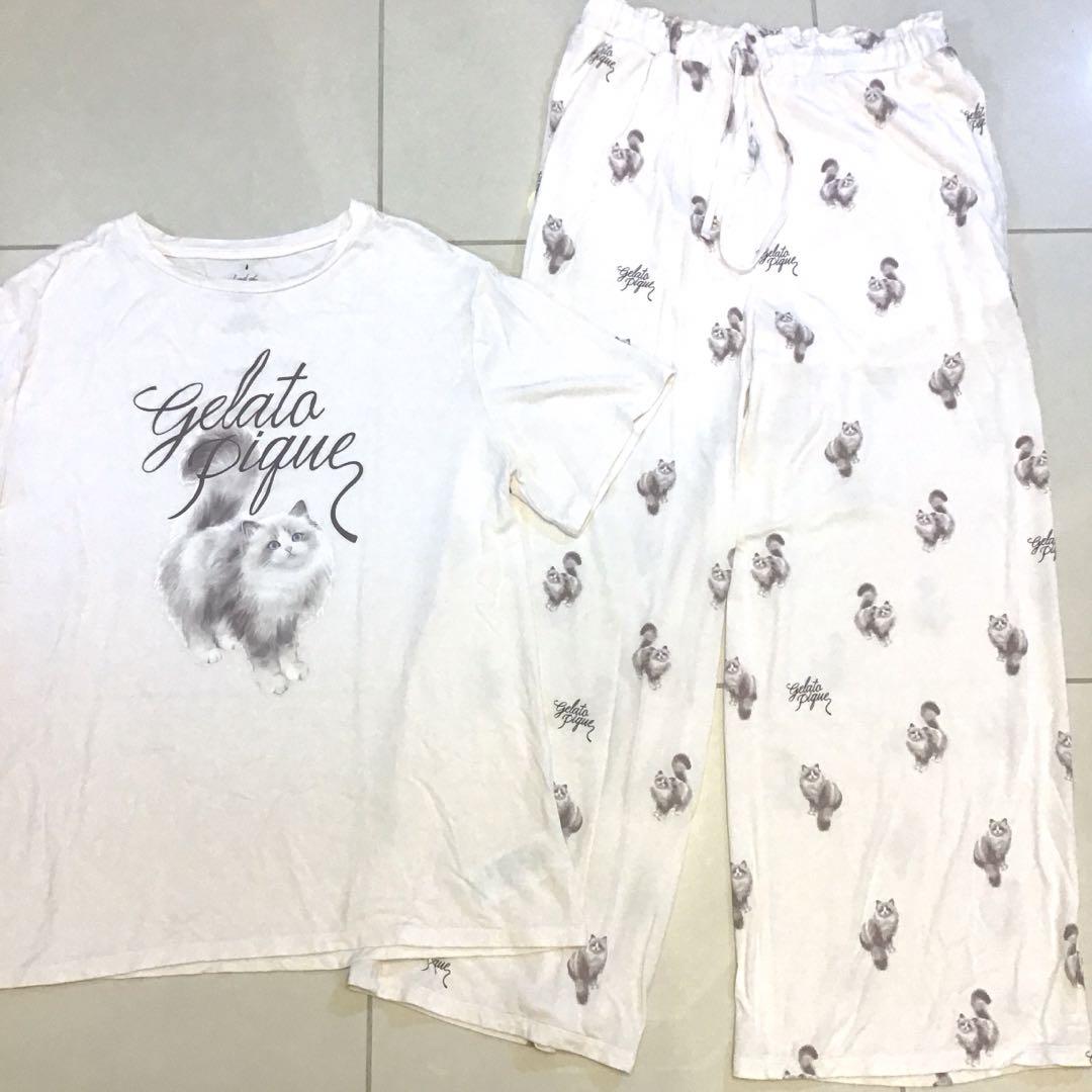 極美品 ジェラートピケ CAT キャット柄 Tシャツ&ロングパンツ セット