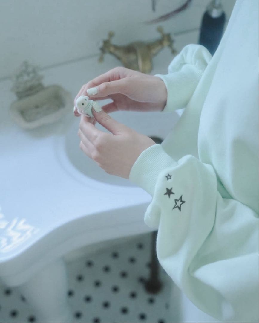 smyeon クルーネック袖刺繍スウェット ライトグリーン