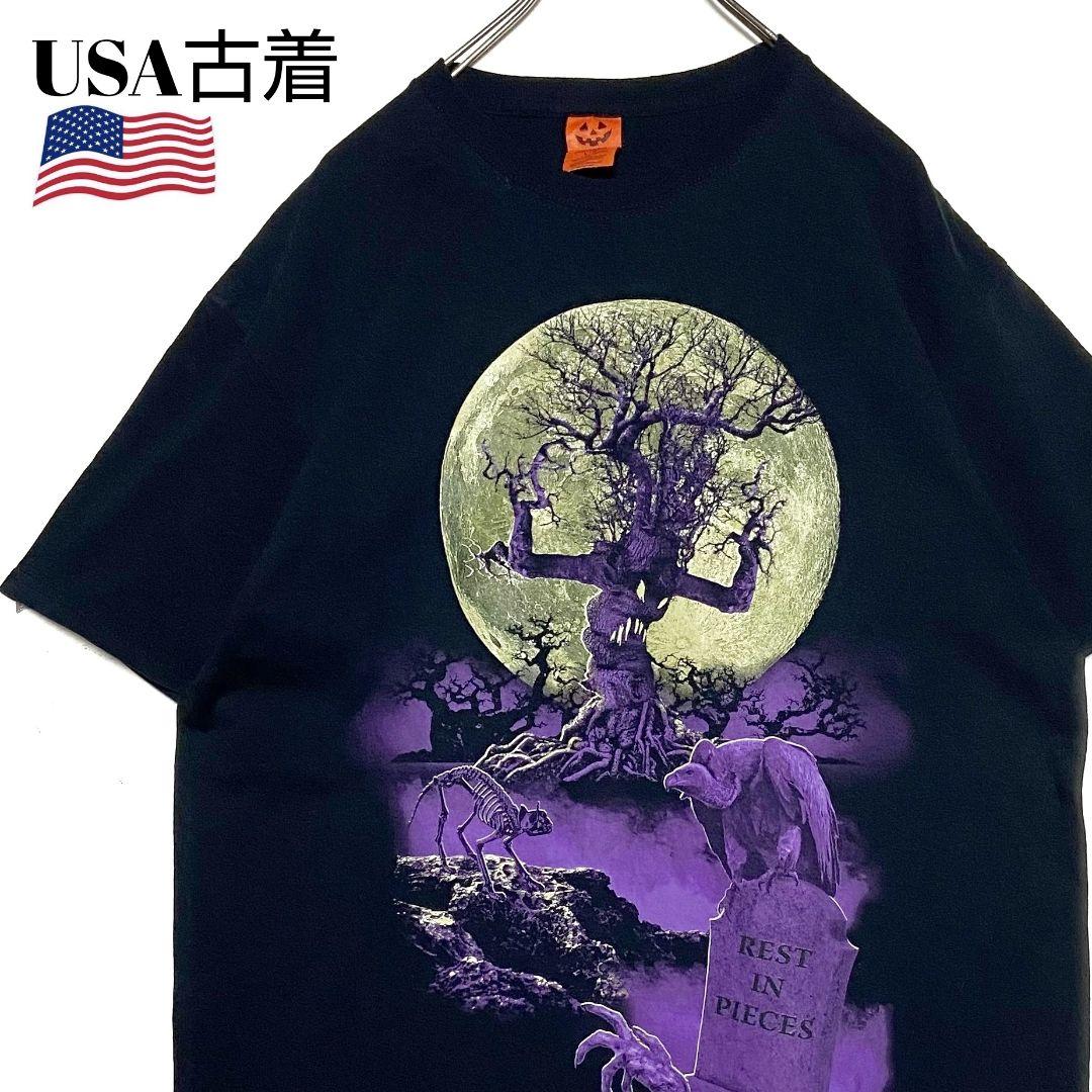 USA古着 ハロウィンtシャツ ホラー系 黒✕紫 L プリントTシャツ