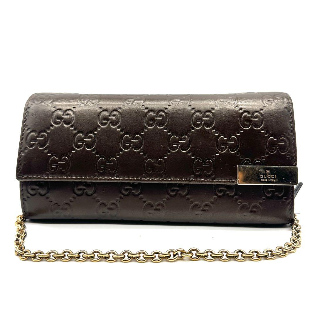 美品】GUCCI グッチ チェーンウォレット 長財布 シマレザー 箱