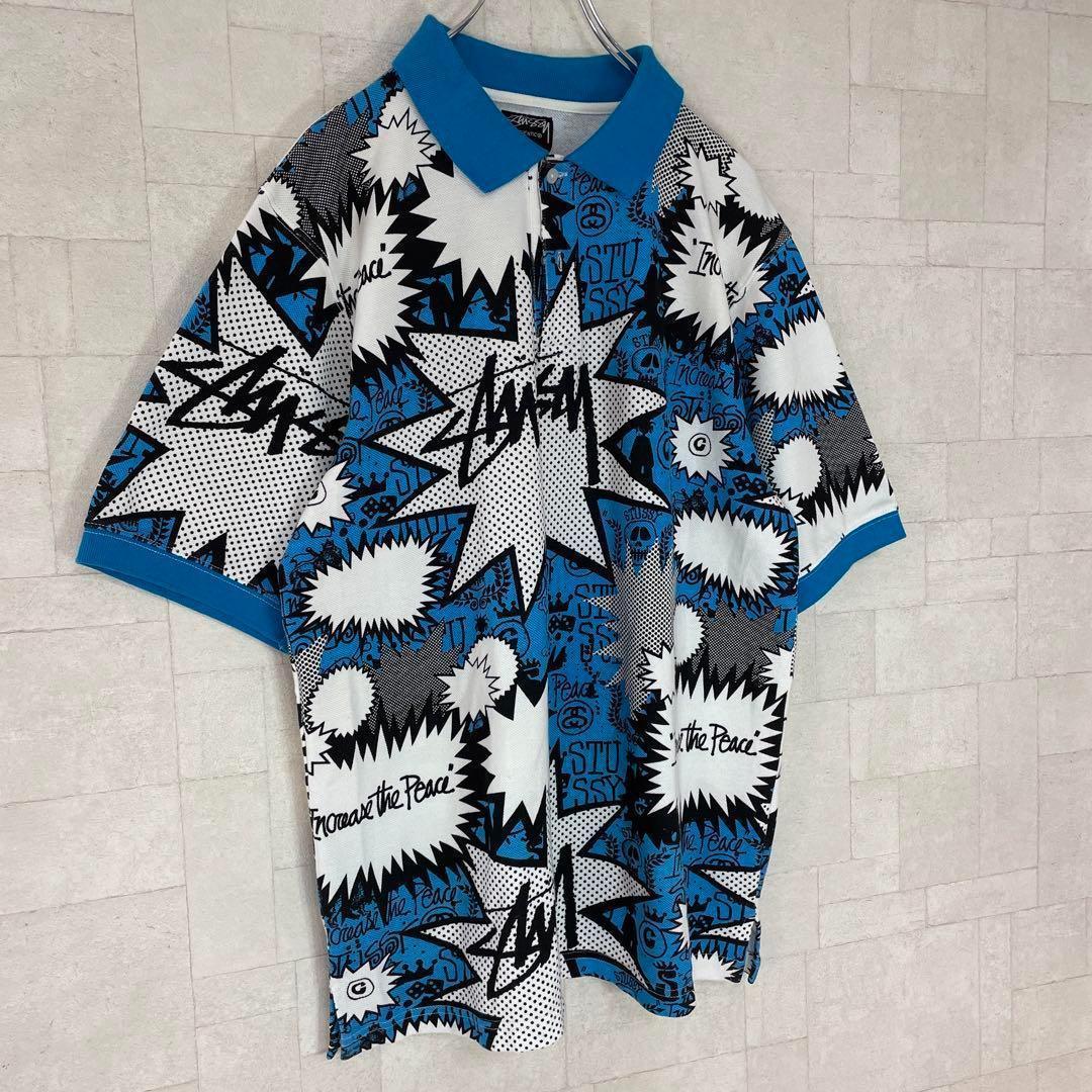 【人気Ｌサイズ】ステューシー☆総柄　半袖ポロシャツ　美品　レアデザイン　476